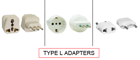 TYPE L Adapters are used in the following Countries:
<br>
Primary Country known for using TYPE L adapters is Italy.

<br>Additional Countries that use TYPE L adapters are Chile, Libya.

<br><font color="yellow">*</font> Additional Type L Electrical Devices:


<br><font color="yellow">*</font> <a href="https://internationalconfig.com/icc6.asp?item=TYPE-L-PLUGS" style="text-decoration: none">Type L Plugs</a> 

<br><font color="yellow">*</font> <a href="https://internationalconfig.com/icc6.asp?item=TYPE-L-CONNECTORS" style="text-decoration: none">Type L Connectors</a> 

<br><font color="yellow">*</font> <a href="https://internationalconfig.com/icc6.asp?item=TYPE-L-OUTLETS" style="text-decoration: none">Type L Outlets</a> 

<br><font color="yellow">*</font> <a href="https://internationalconfig.com/icc6.asp?item=TYPE-L-POWER-CORDS" style="text-decoration: none">Type L Power Cords</a>

<br><font color="yellow">*</font> <a href="https://internationalconfig.com/icc6.asp?item=TYPE-L-POWER-STRIPS" style="text-decoration: none">Type L Power Strips</a>

<br><font color="yellow">*</font> <a href="https://internationalconfig.com/worldwide-electrical-devices-selector-and-electrical-configuration-chart.asp" style="text-decoration: none">Worldwide Selector. View all Countries by TYPE.</a>

<br>View examples of TYPE L adapters below.